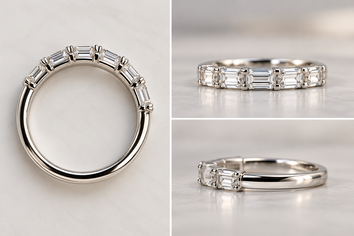14KW, 1.00 carat total weight, lab grown, emerald cut, diamond wedding band.