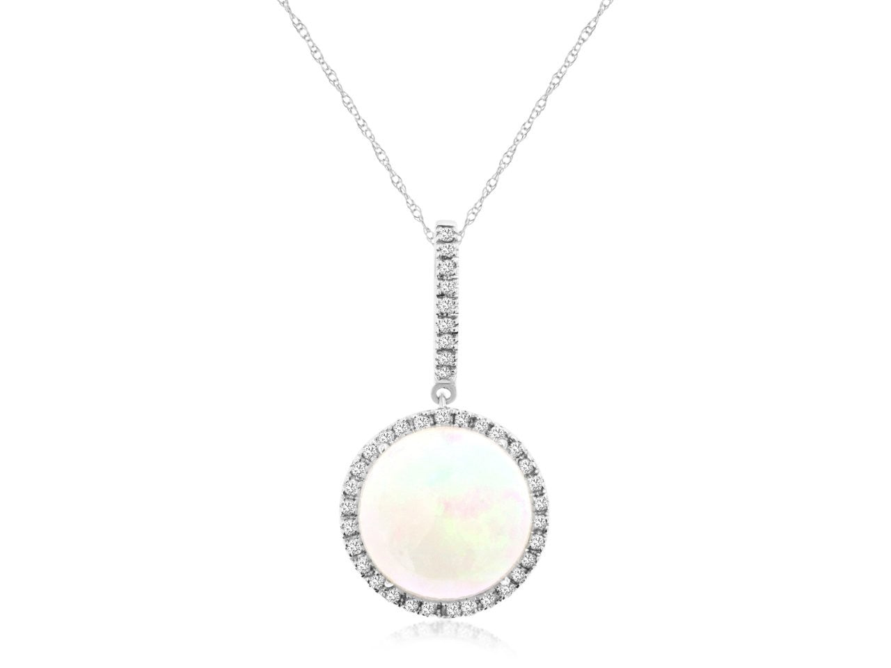 14k, white gold opal and diamond pendant.