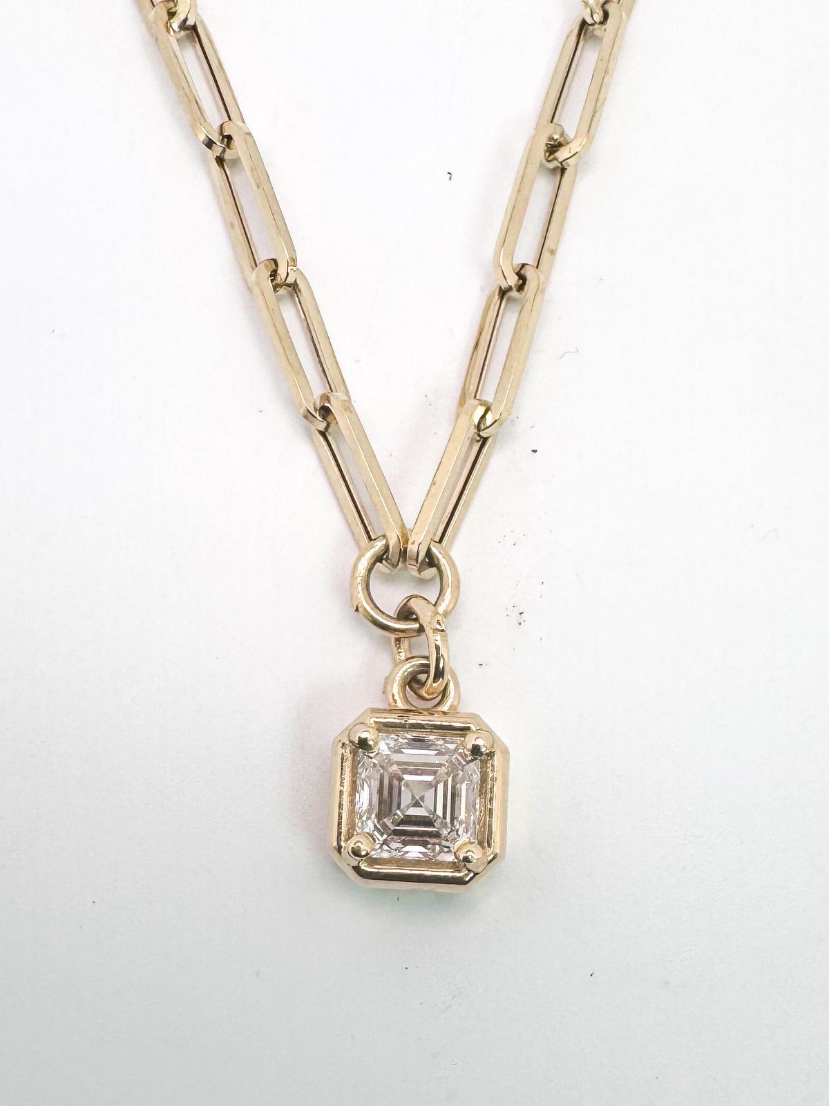 14k, Yellow gold, Asscher cut lab diamnd necklace.