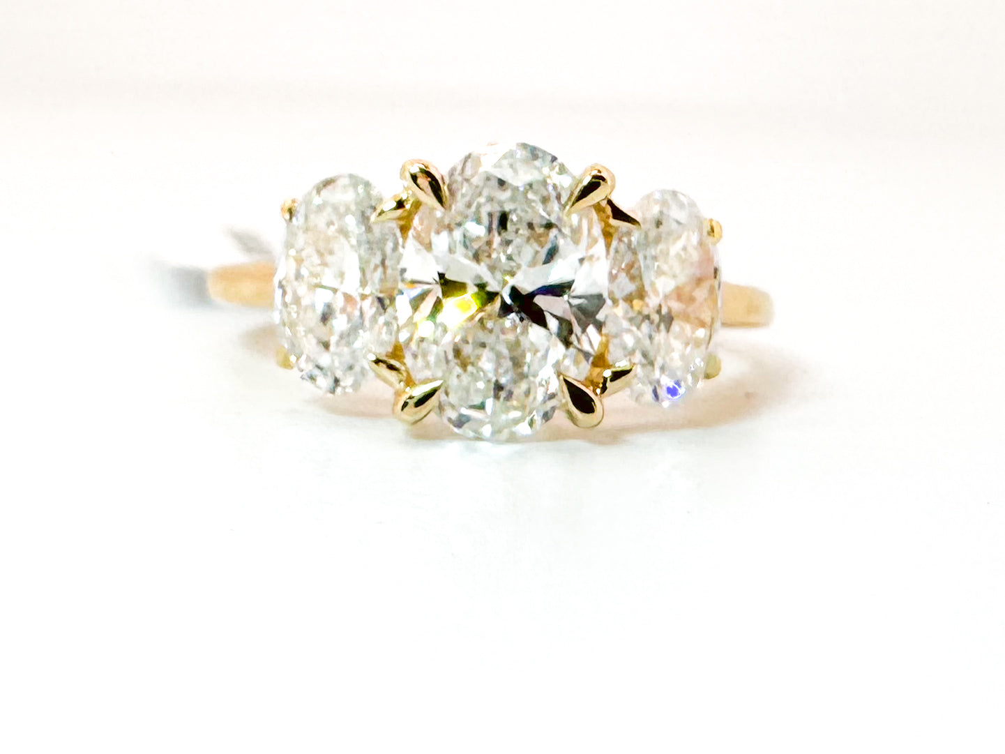 14k, Yellow gold, Three stone, lab grown diamond ring. 3.00 ctw VS2 E