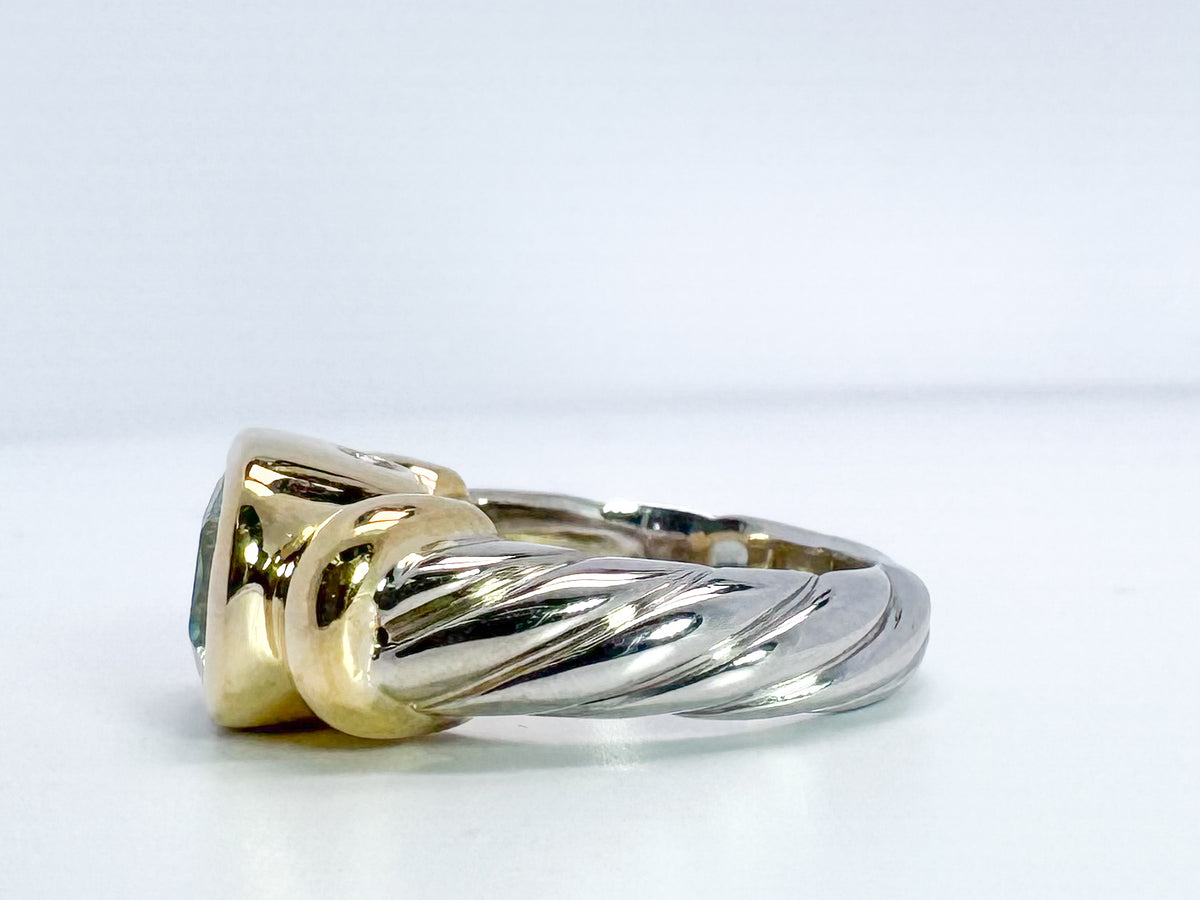 14K two tone, Aquamarine and diamond fashion ring