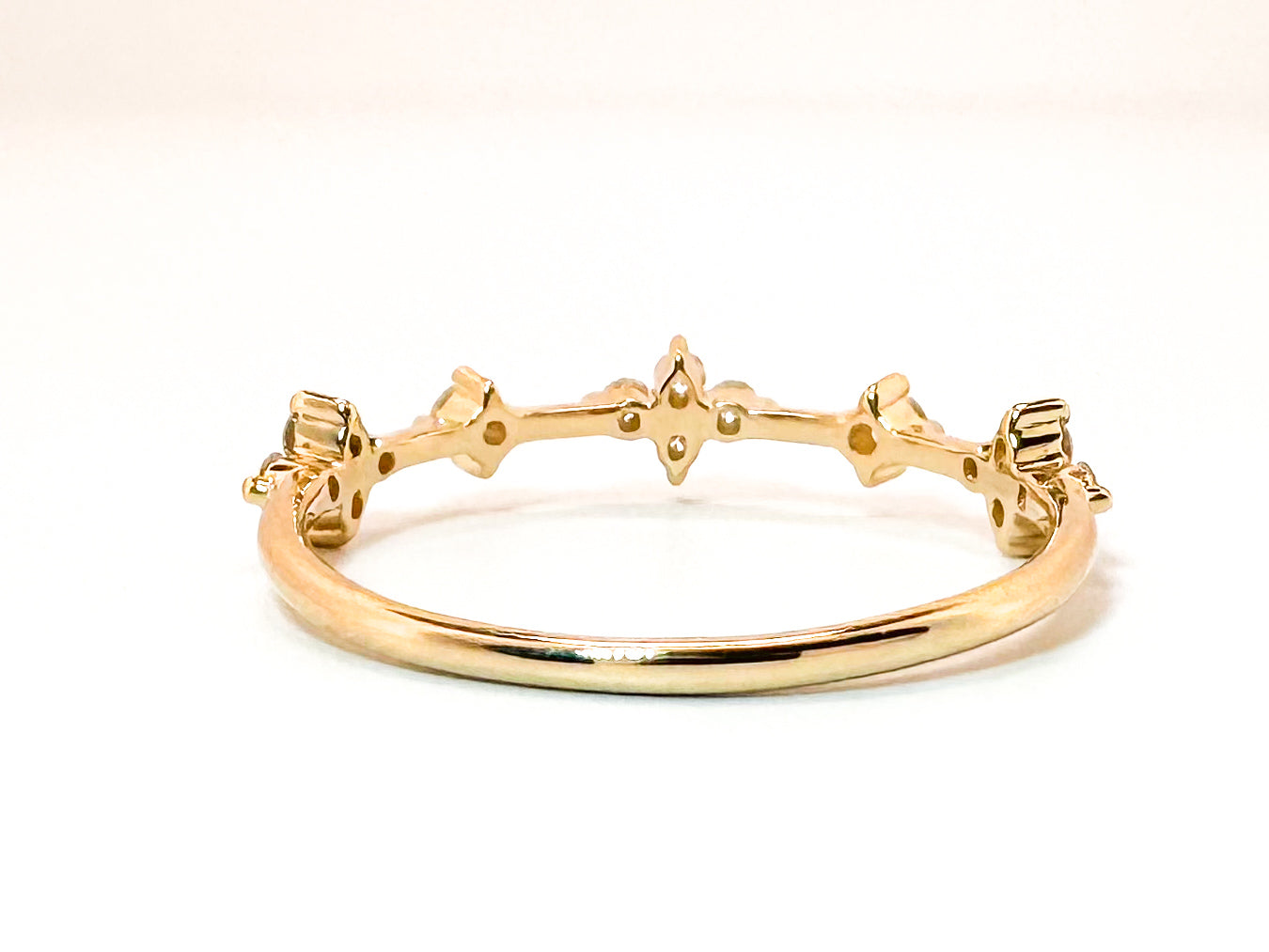 14K, Yellow gold, dainty clover diamond band. .20 diamond total weight.