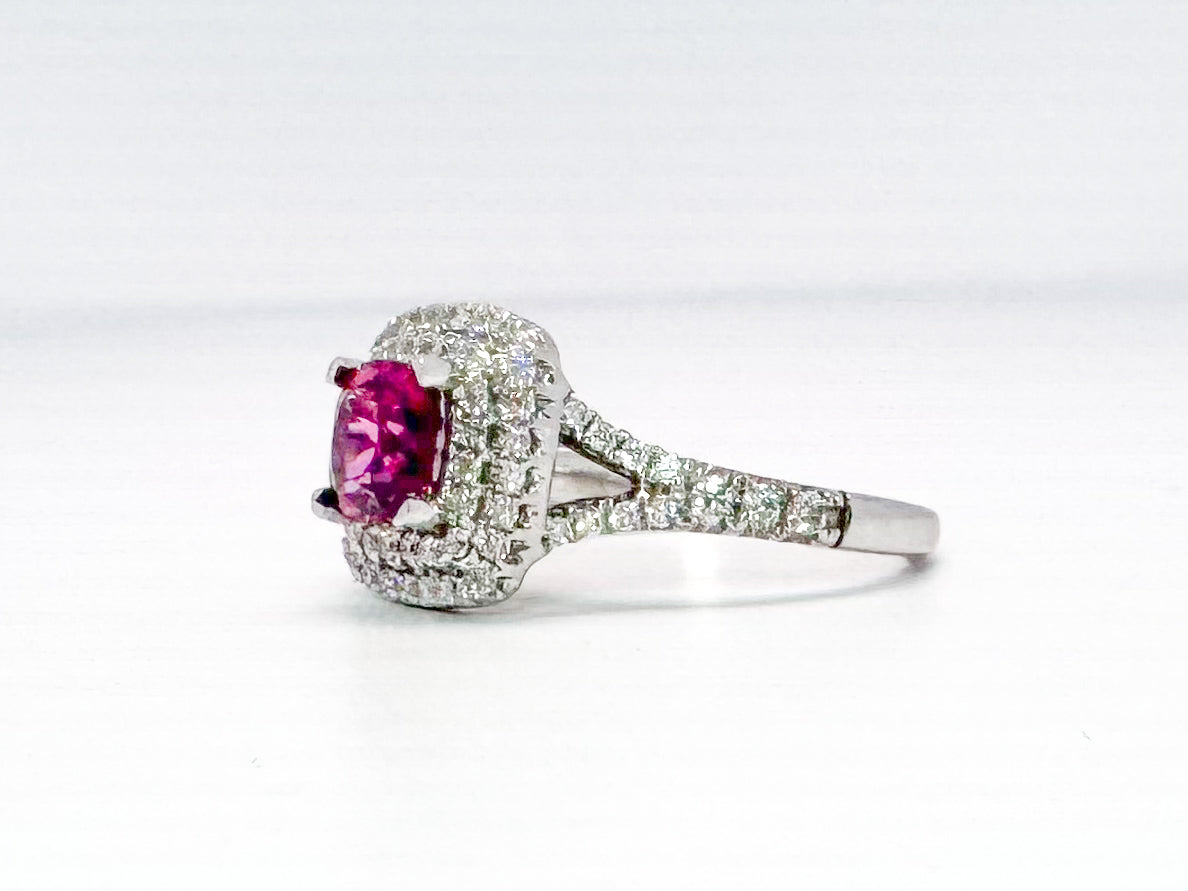 14k, white gold 1.17 rhodolite garnet set with .56 carats of natural side diamonds.