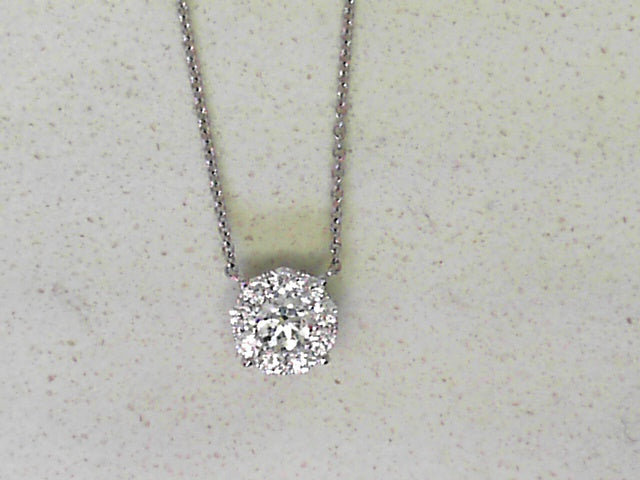 Diamond halo pendant with bezel diamonds on chain