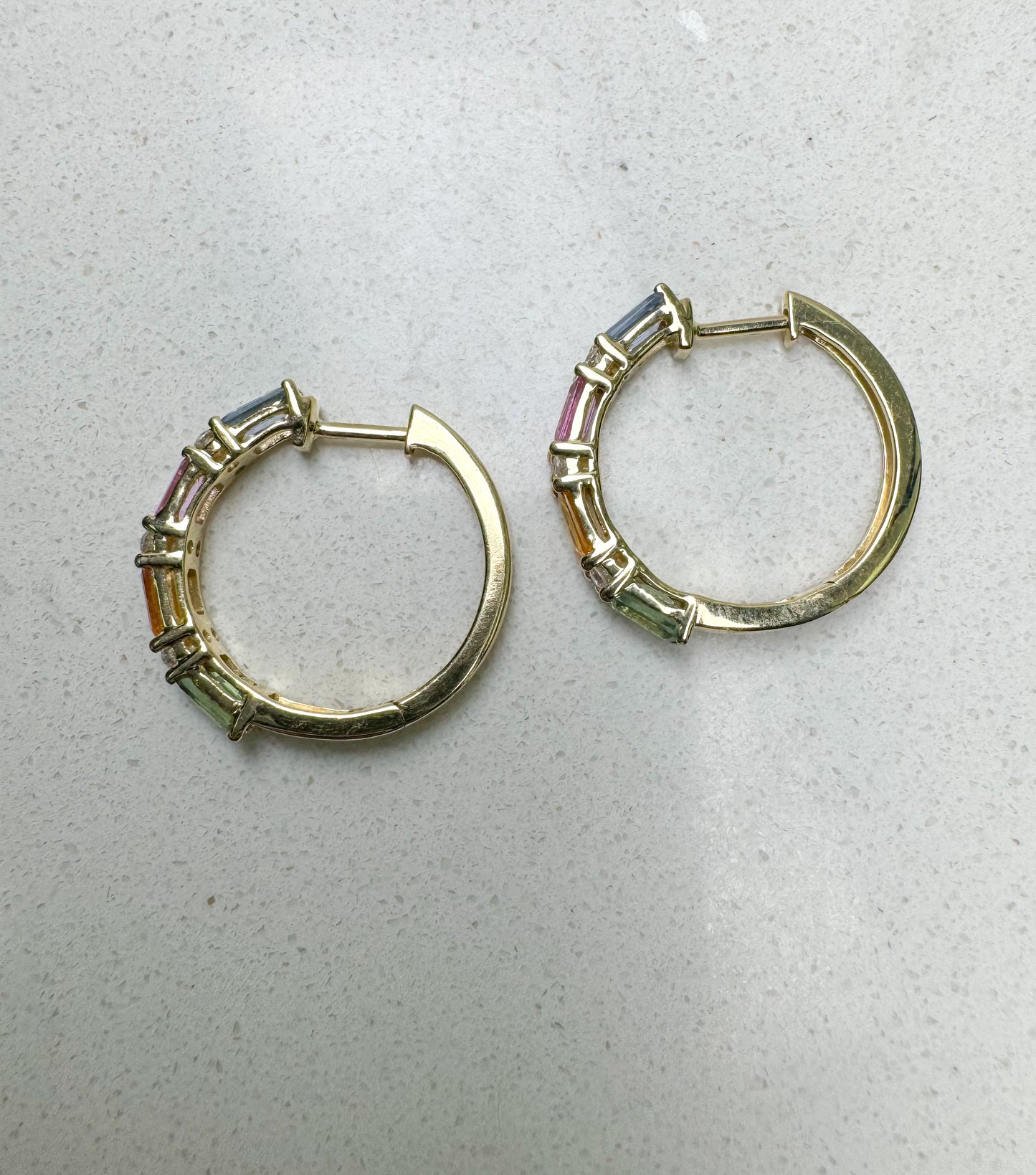 14ky, rainbow sapphire and diamond hoop earrings.