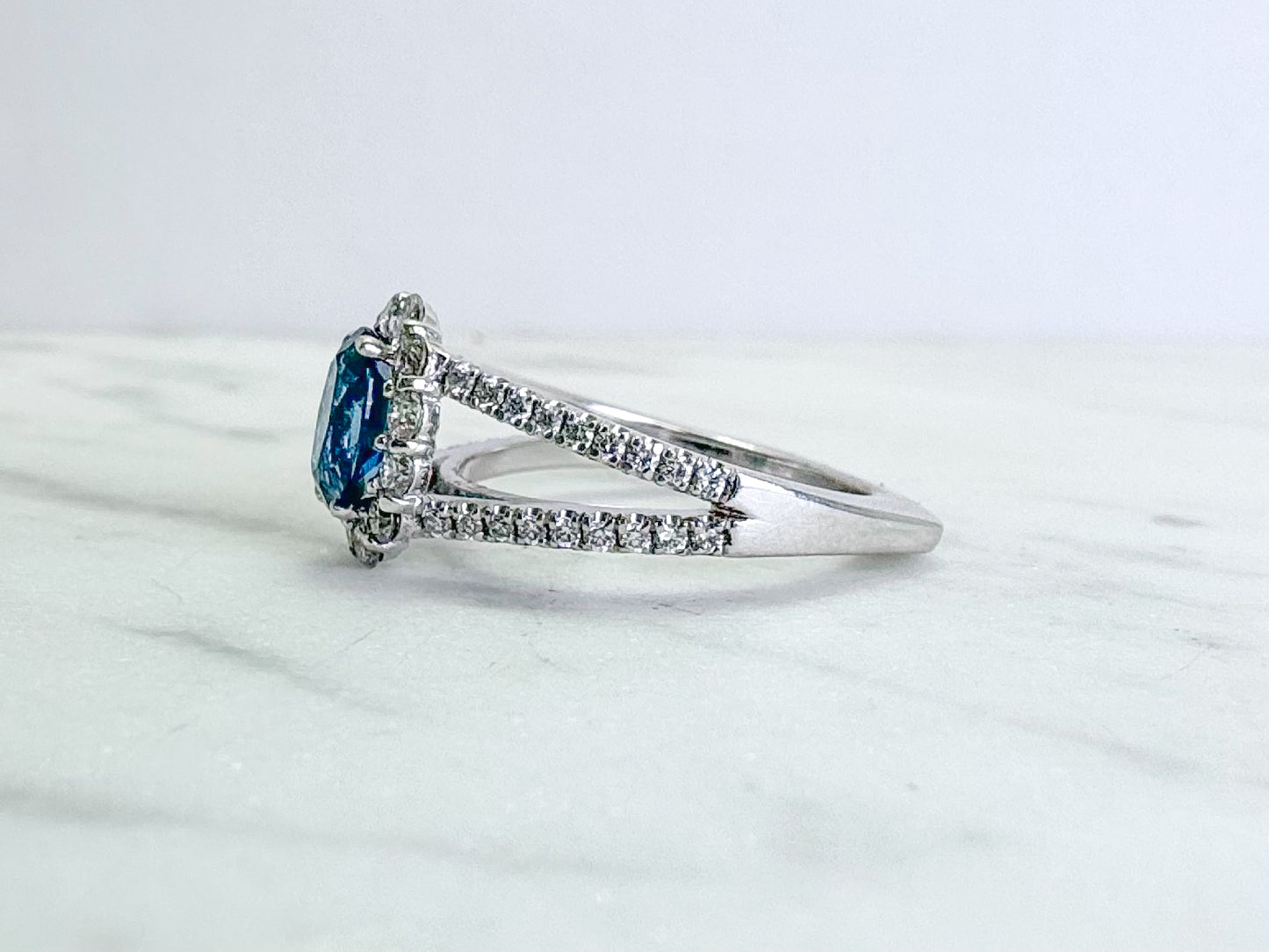 14k, white gold, halo, london blue topaz fashion ring