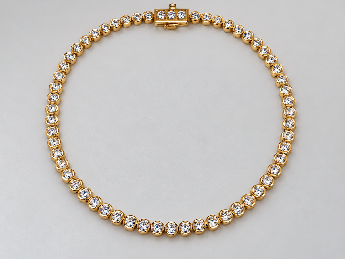 14K, yellow gold, 1.00 carat total weight, bezel set lab grown tennis bracelet.