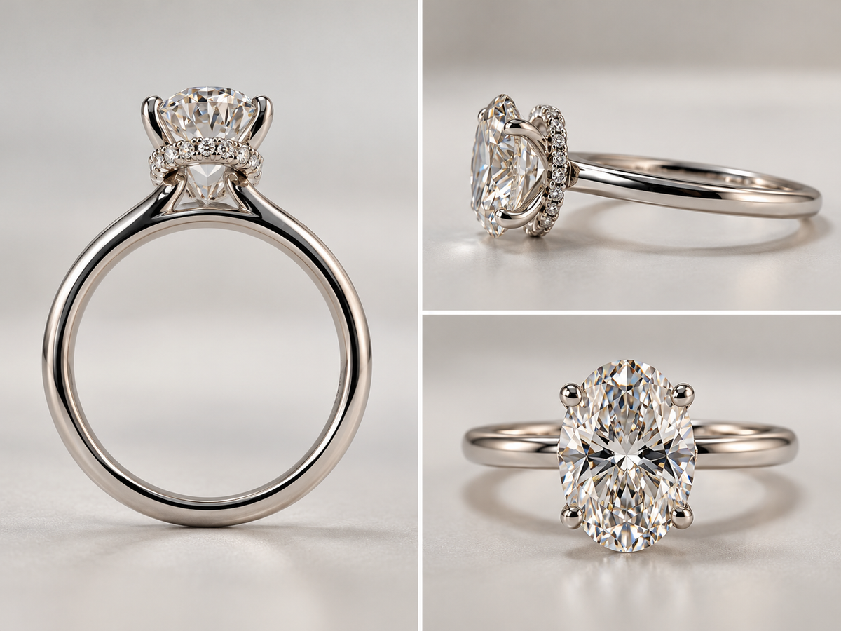 14K, White gold, 2.09 carat, VS1 F lab grown oval with hidden halo. IGI Certified.