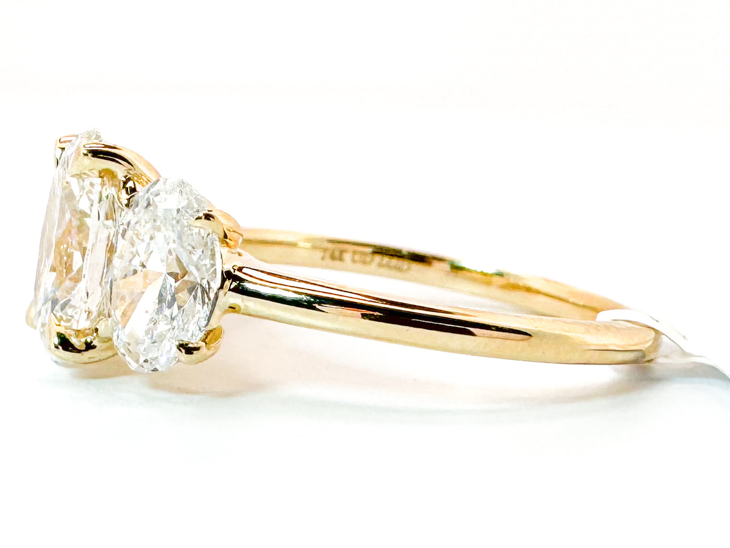 14k, Yellow gold, Three stone, lab grown diamond ring. 3.00 ctw VS2 E