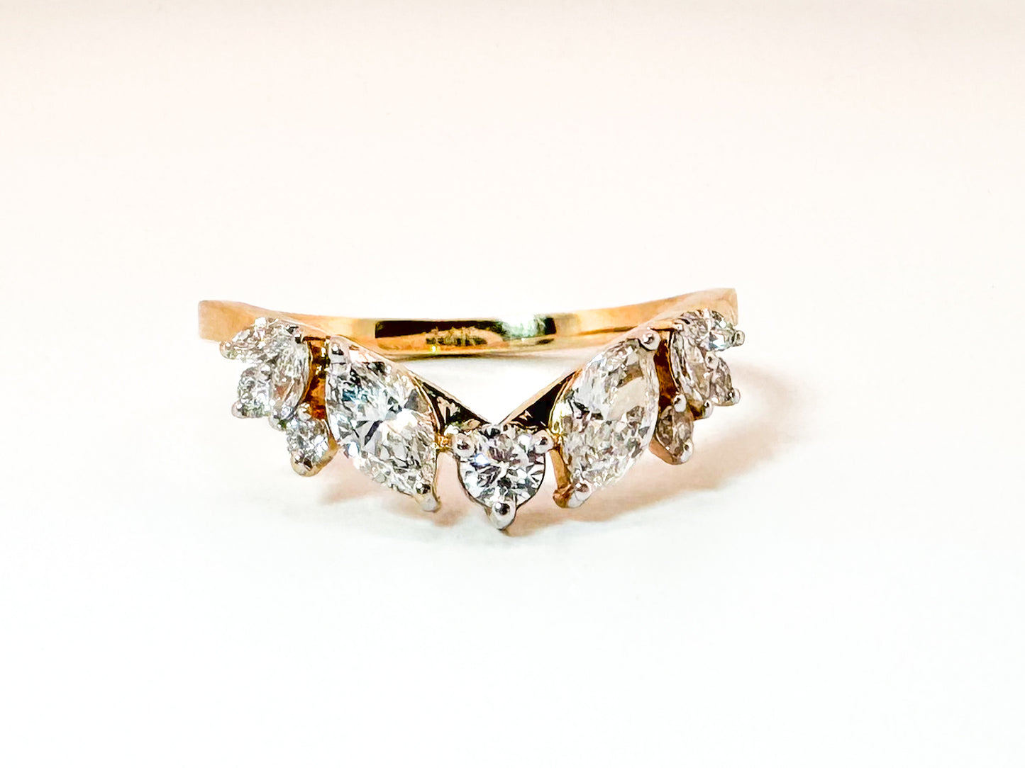 14K, .58 carats, Marquise and round lab diamond wedding band.