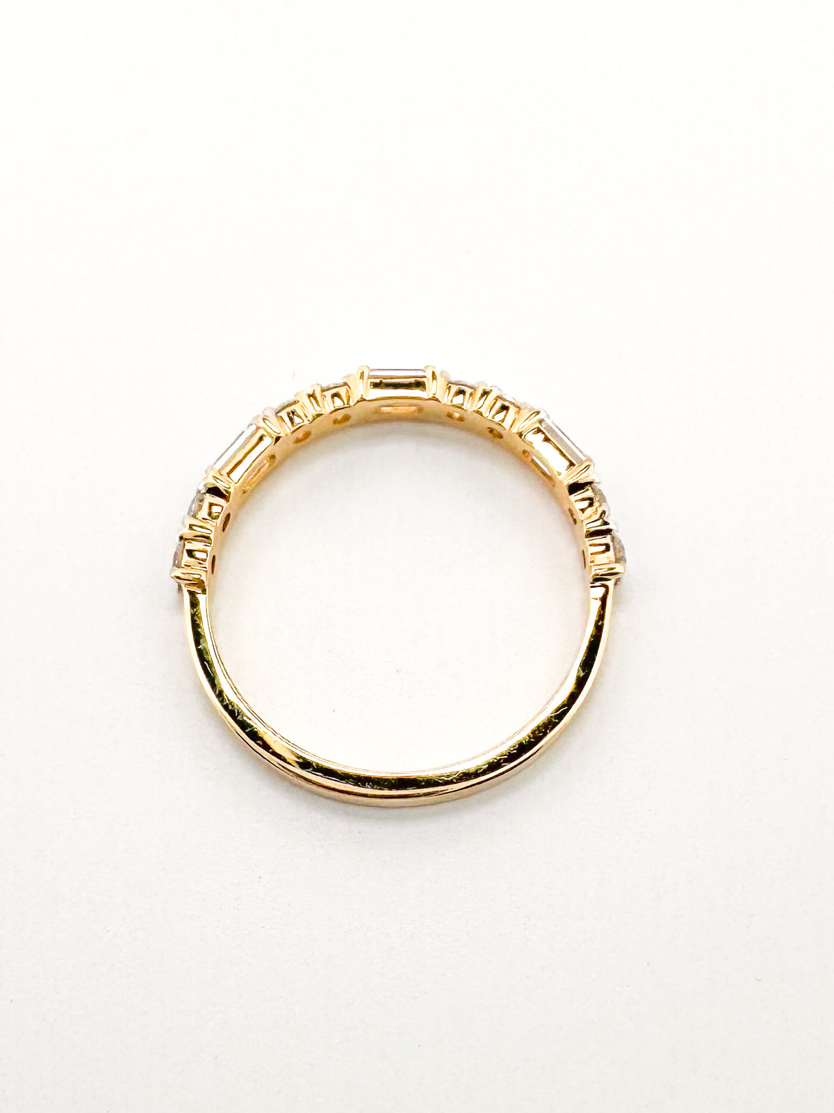 14K, yellow gold .82 diamond total weight, Emerald cut and Round brilliant lab grown diamond band