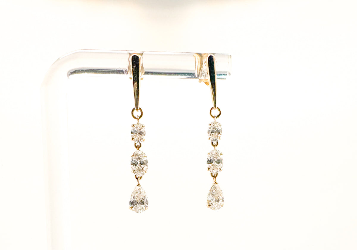 14K, yewllow gold, 1.50 carat total weight, lab grown diamond dangle earrings.