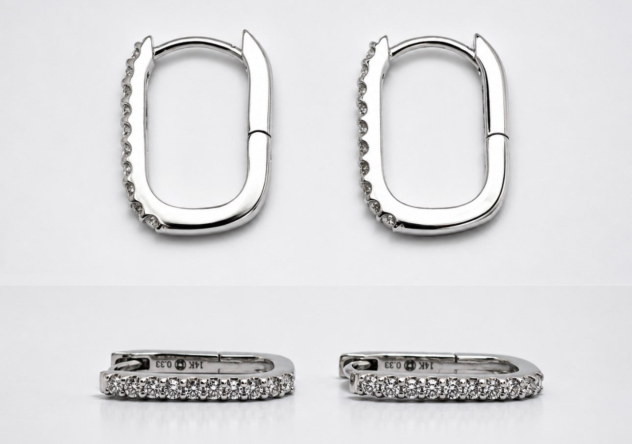 14k, White gold, .33 dtw , elongated, natual diamond hoop.