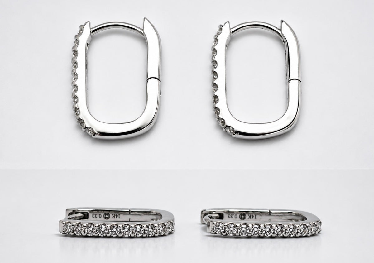 14k, White gold, .33 dtw , elongated, natual diamond hoop.