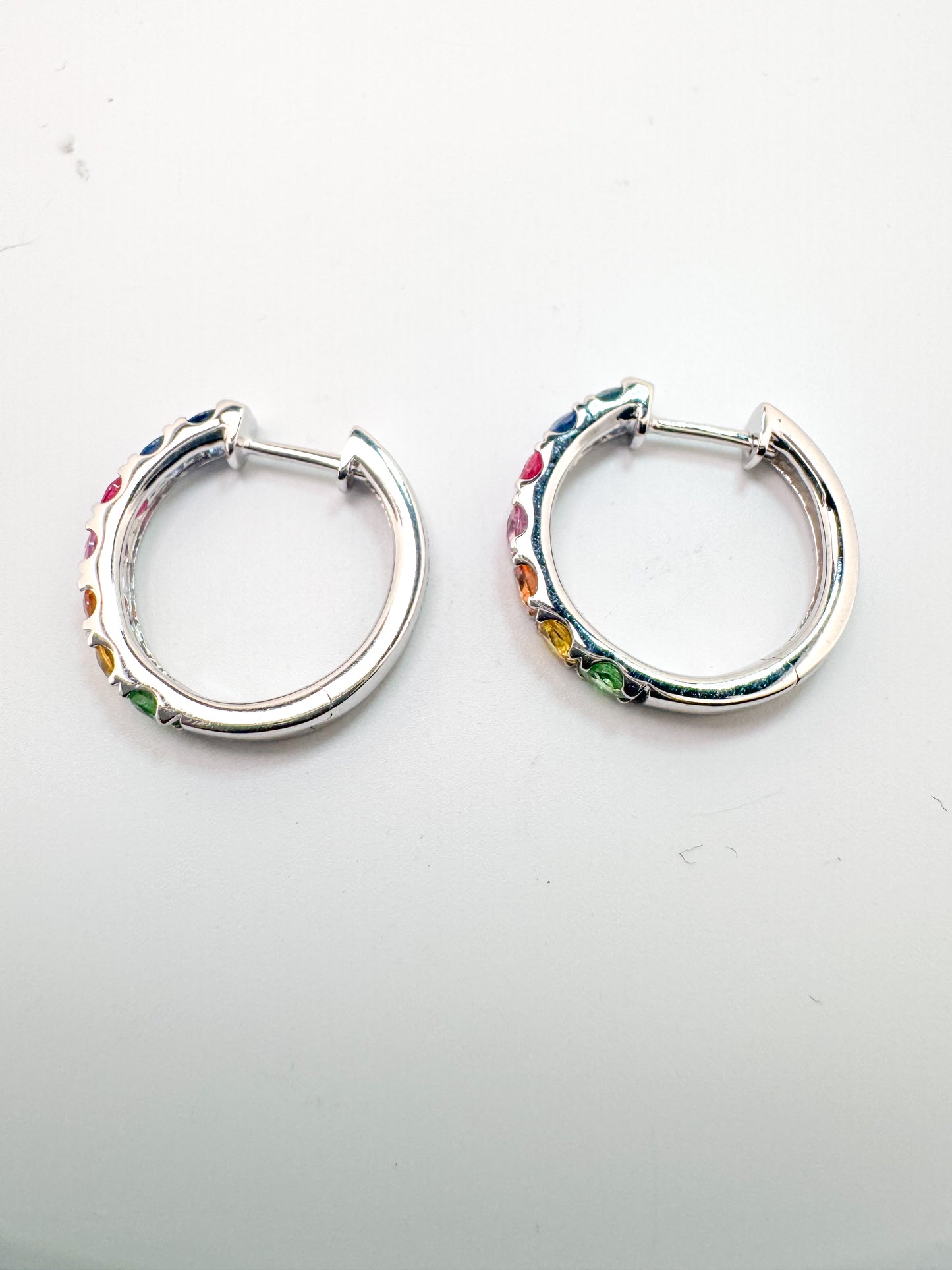14K, white 1.80 carat total weight, natural, rainbow sapphire hoop earrings