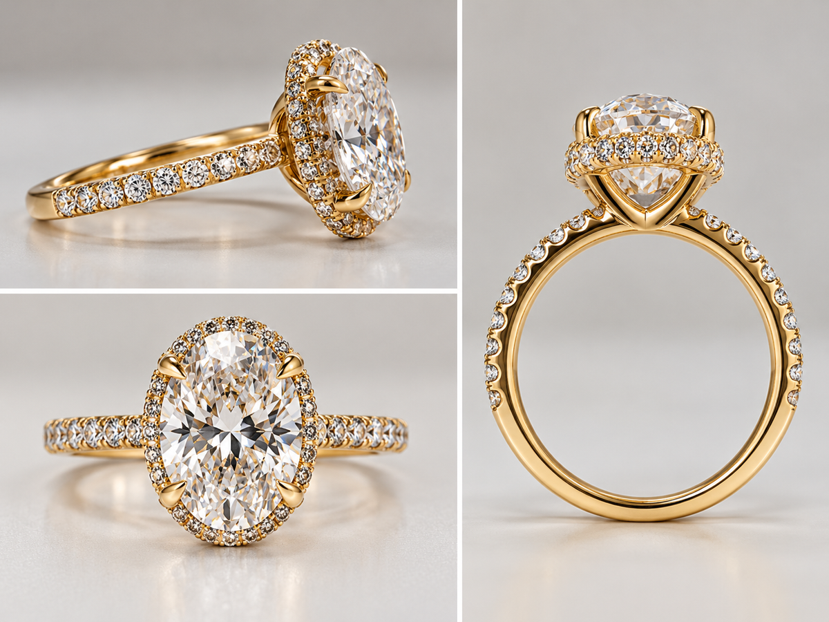 14K, yellow gold, 3.01 carat, Oval lab grown , VS1 E set with .53 carats of side diamonds. IGI certified