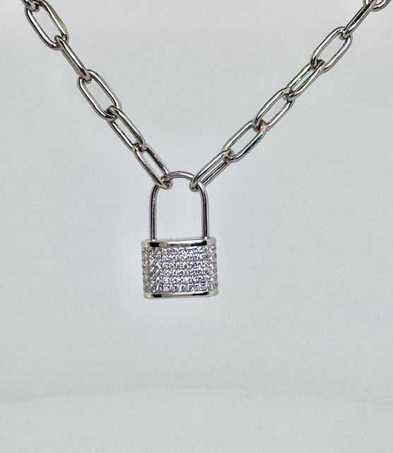 14k white gold diamond lock necklace and chain