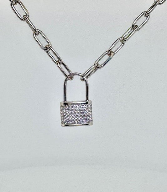 14k white gold diamond lock necklace and chain