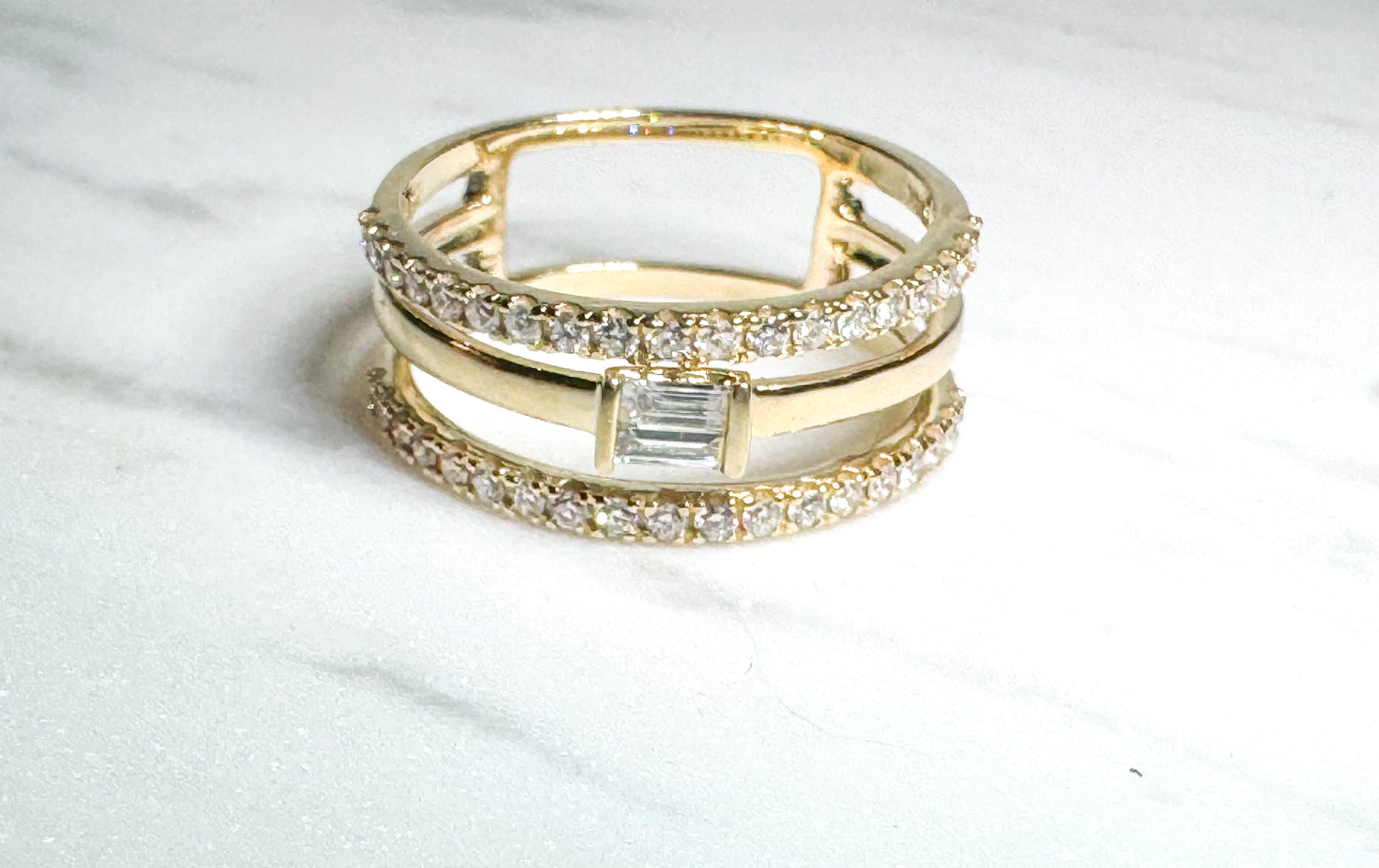 14k yellow gold.45 ctw diamond three band fashion ring