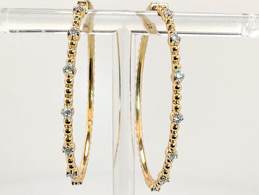 14K, yellow gold, beaded, diamond hoop earrings. .25 carat total weight