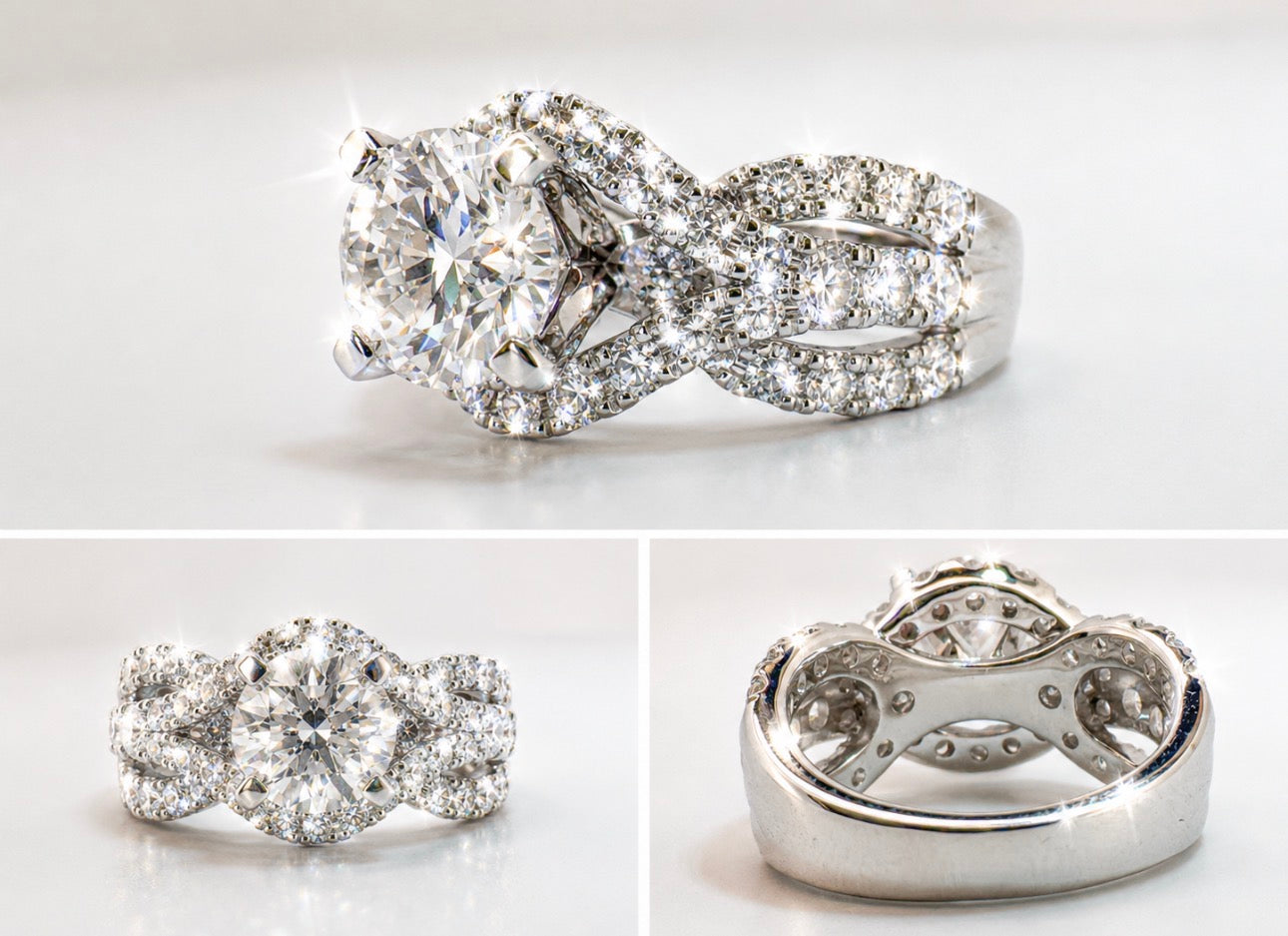14K, white gold, 2.02 carat, VS1 E set with 1.27 carats of side diamonds. Lab grown, IGI certified