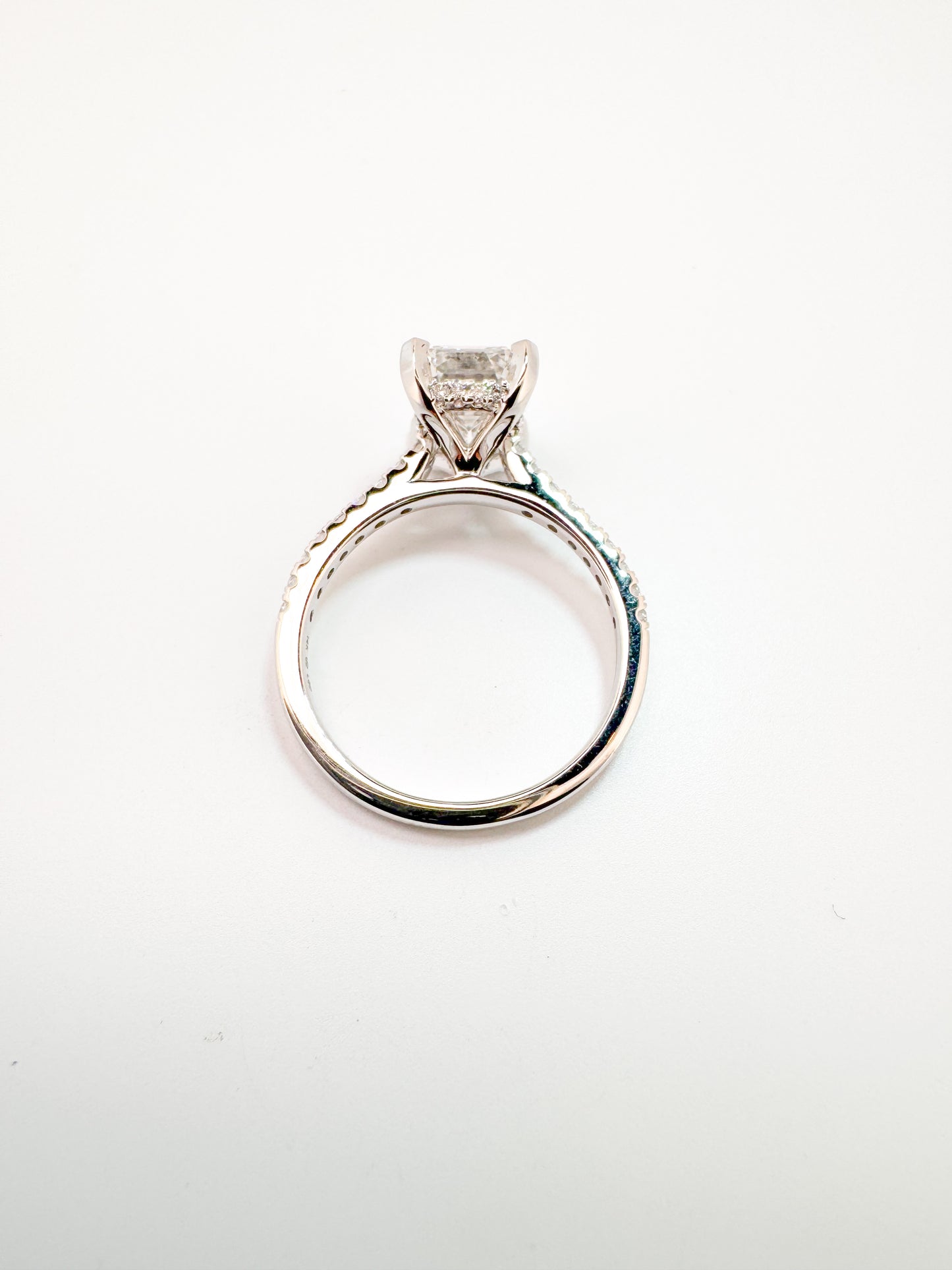 14K, White gold, 2.56 ct lab grown emerald cut set with .30 side diamond IGI certified