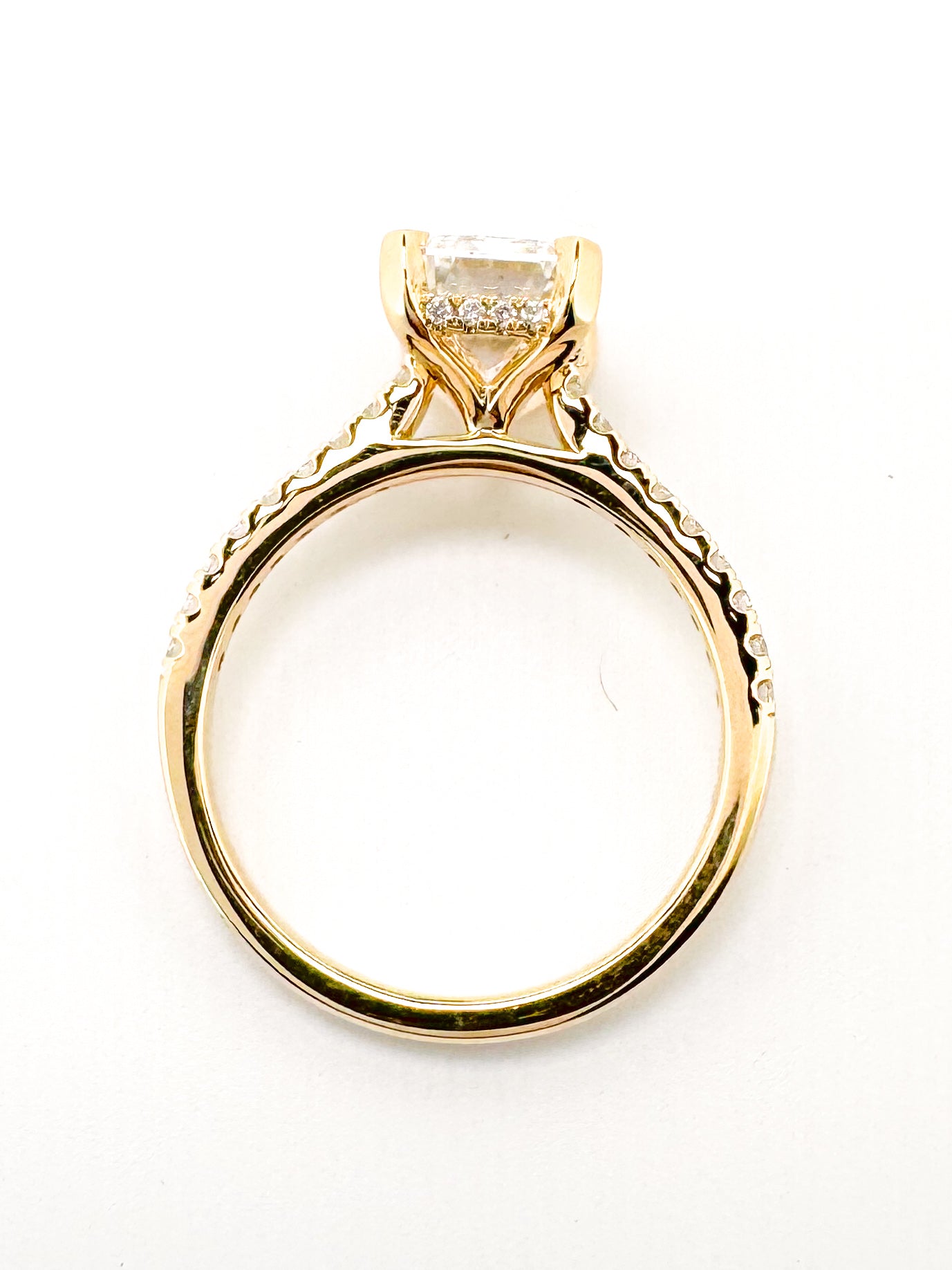 14K,Yellow gold 2.51 carat, Lab grown, emerald cut diamond set with .30 side diamonds. IGI Certitied VS1 E