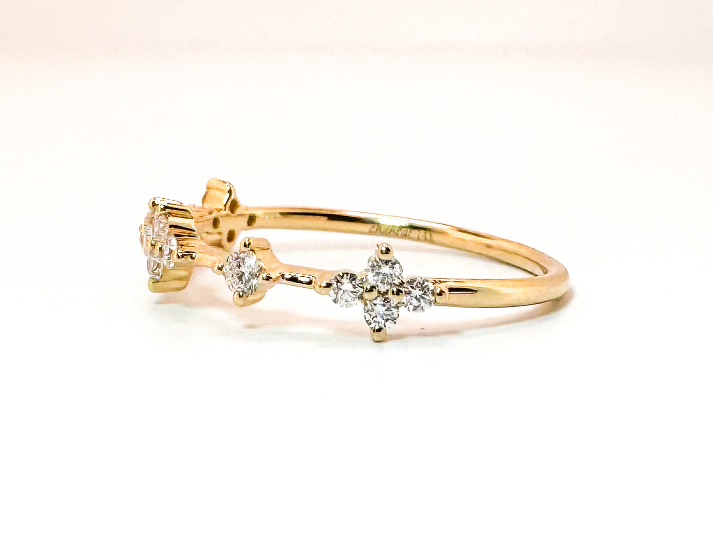 14K, Yellow gold, dainty clover diamond band. .20 diamond total weight.