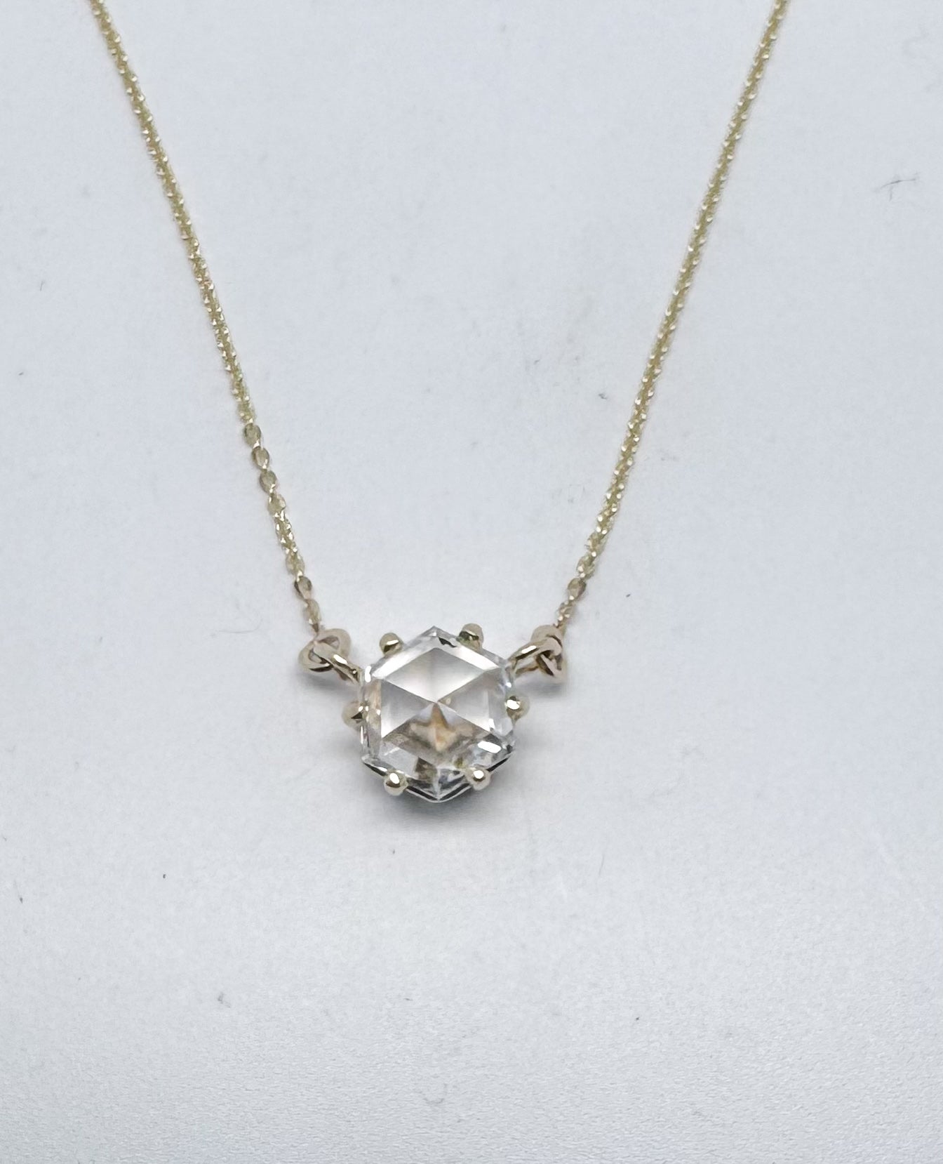 14k, Yellow gold, custom cut Hexagon, lab diamond pendant. VVS1 F