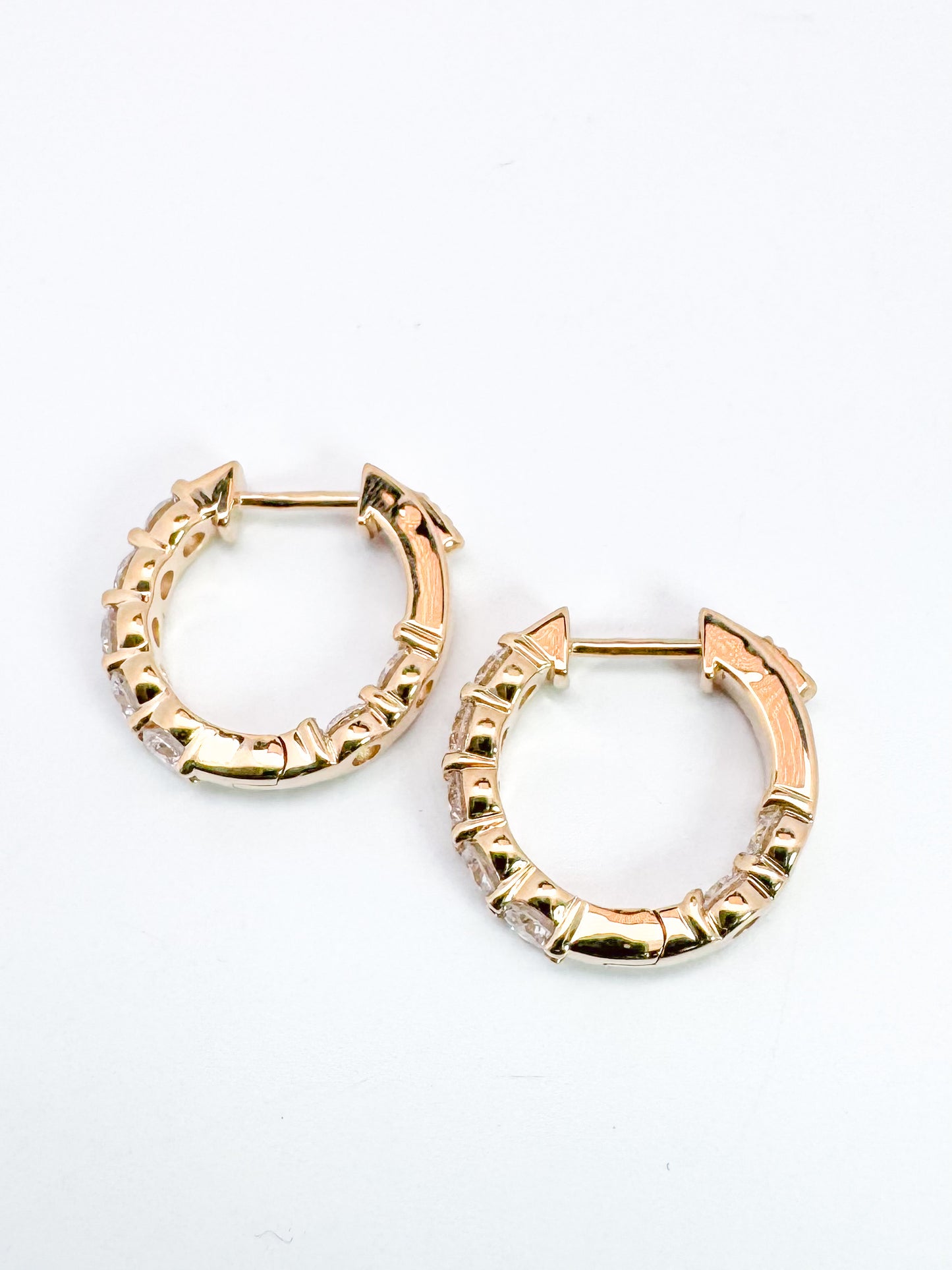 14k, Yellow gold, 1.50 diamond total weight, inside out, lab diamond hoop earrings.