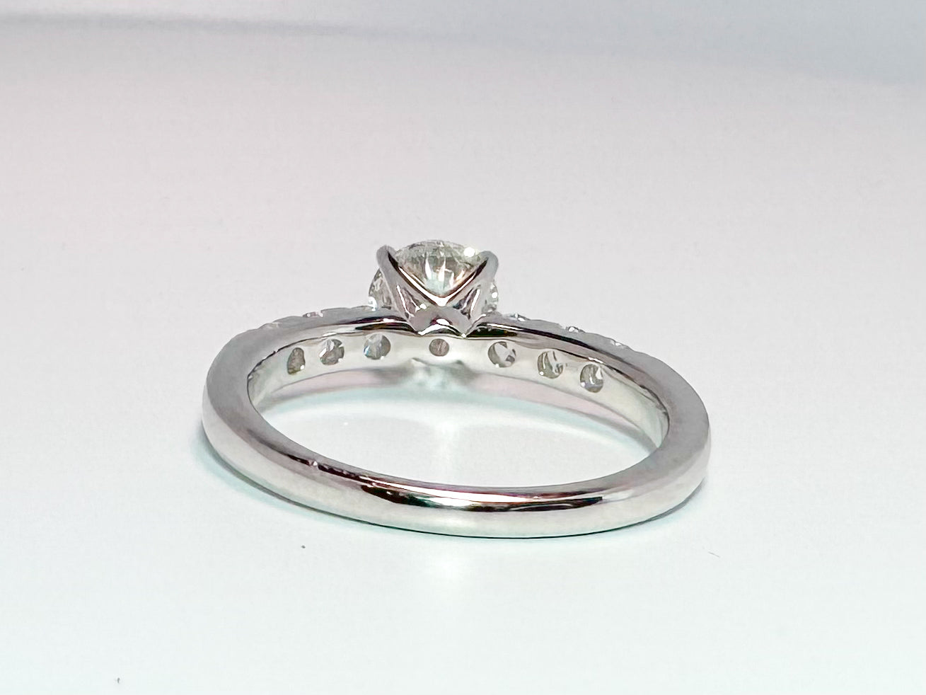 14K white gold lab grown diamond engagement ring. 1.00 center with .49 side diamonds. VS2 F