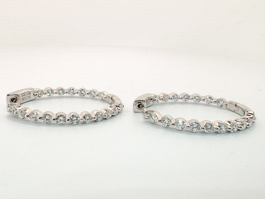 14K, white gold 2.50 carat total weight, inside out lab diamond hoop earrings.