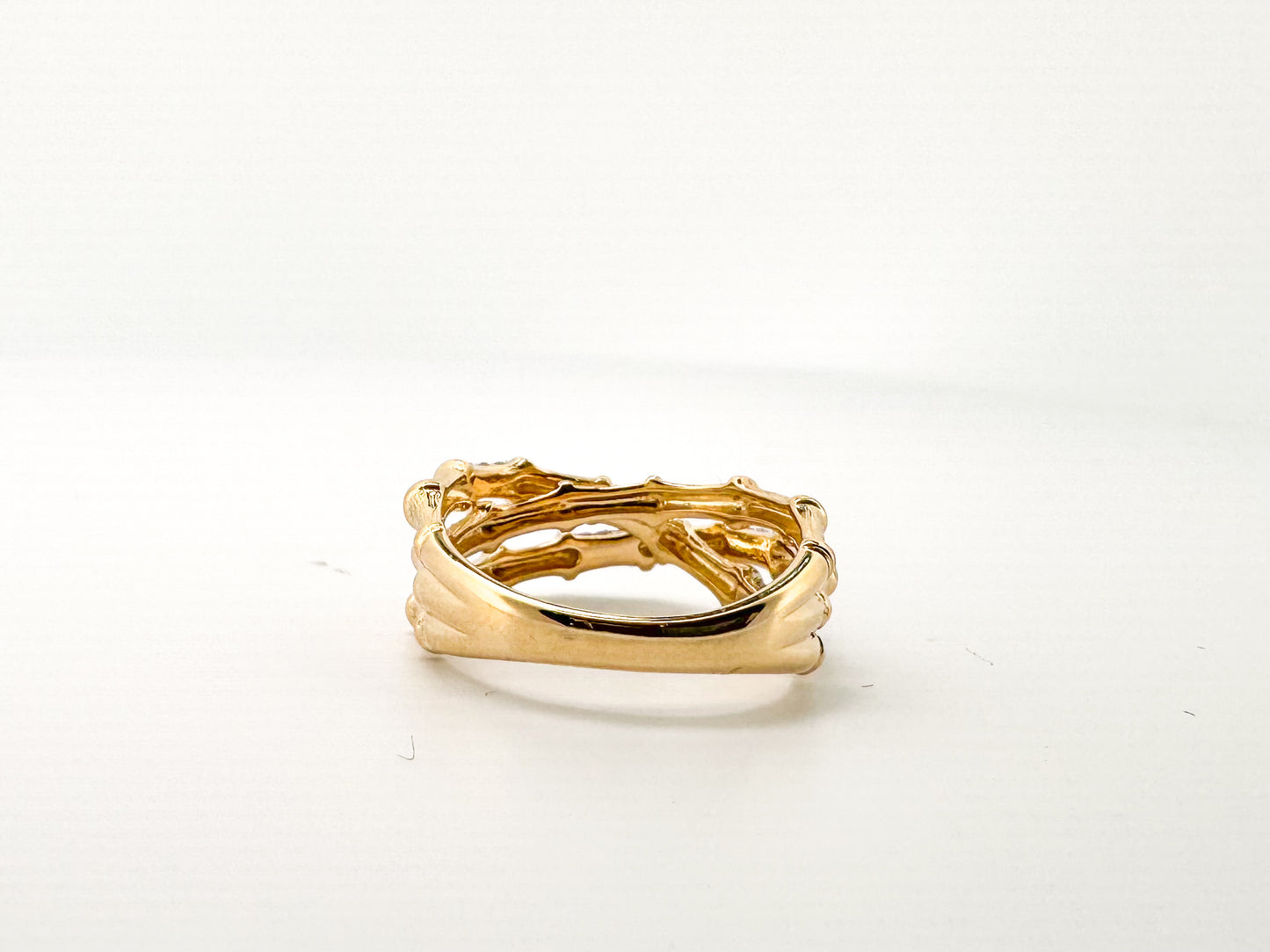 14K,Yellow gold, .20 diamond total weight, bamboo fashion ring.