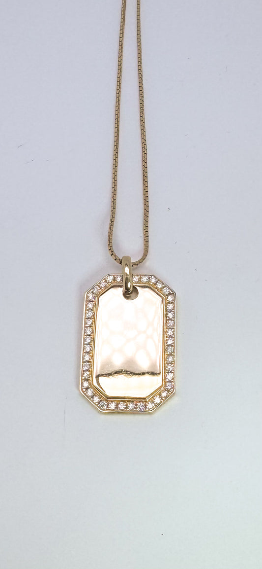 14k, yellow gold .83 diamond total weight, dog tag. Can be engraved
