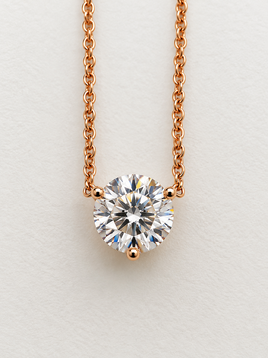 14K, Rose gold, lab grown, 1.00 carat diamond solitaire pendant.