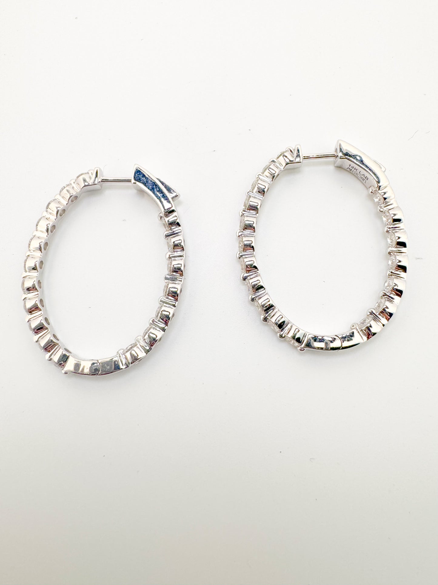 14K, white gold 2.50 carat total weight, inside out lab diamond hoop earrings.