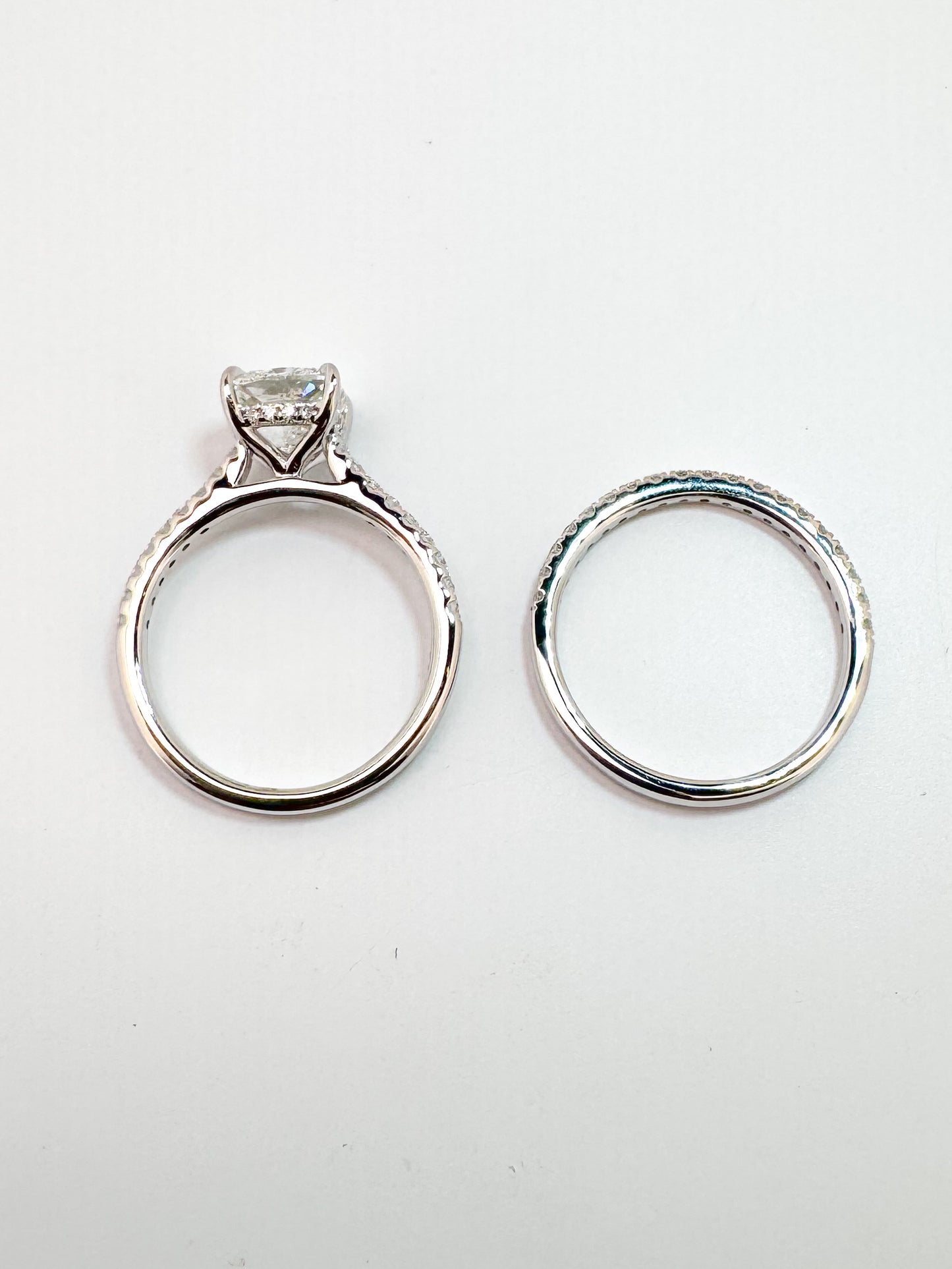 14K, white gold 2.03 lab grown cushion cut set with .50 side diamond. Wedding set.