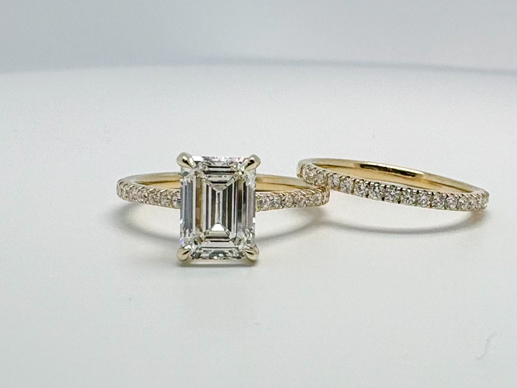 14K, yellow gold, lab grown, emerald cut wedding set.2.03 center diamond set with .52 side diamonds