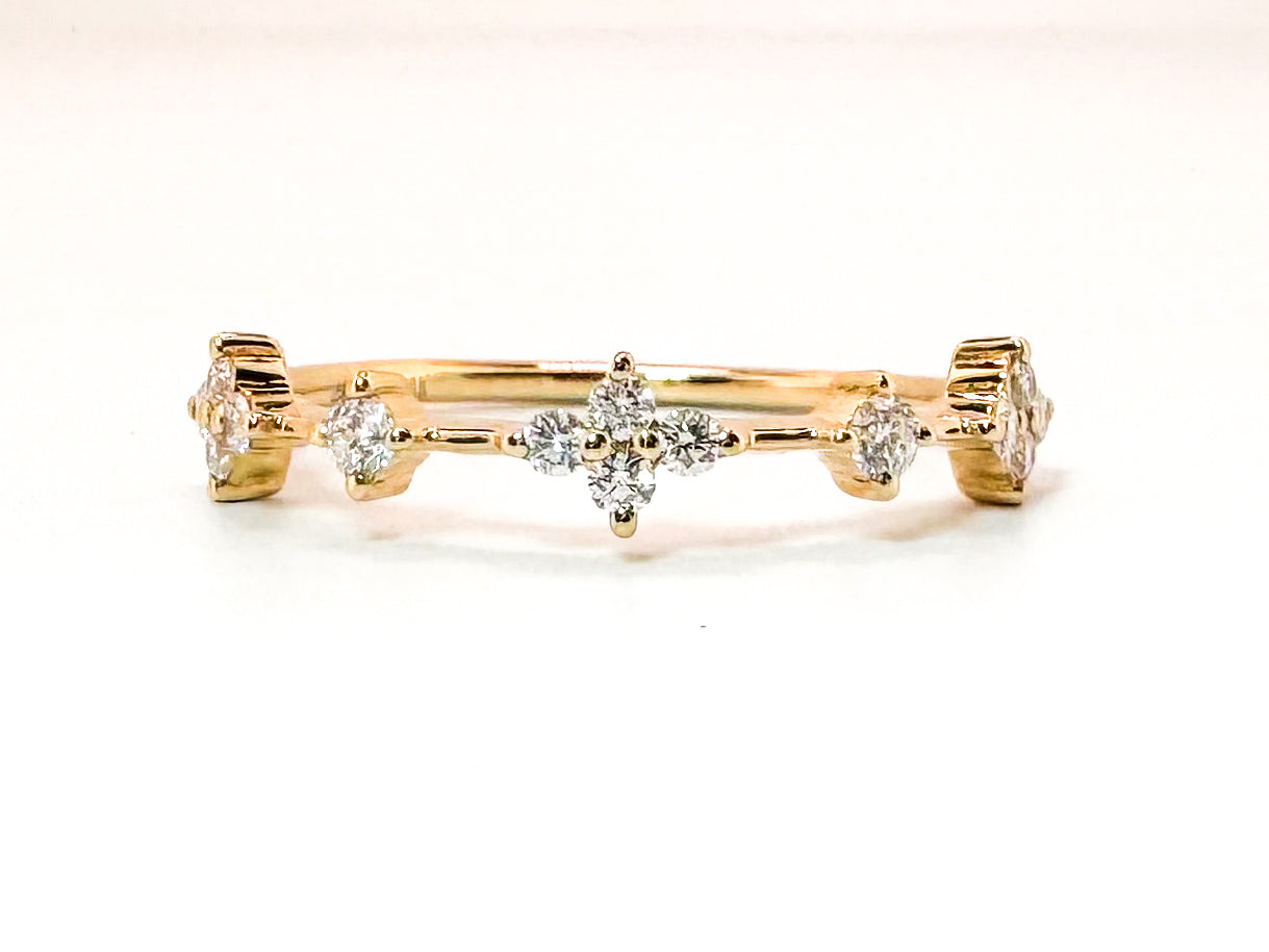 14K, Yellow gold, dainty clover diamond band. .20 diamond total weight.