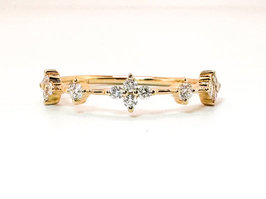 14K, Yellow gold, dainty clover diamond band. .20 diamond total weight.