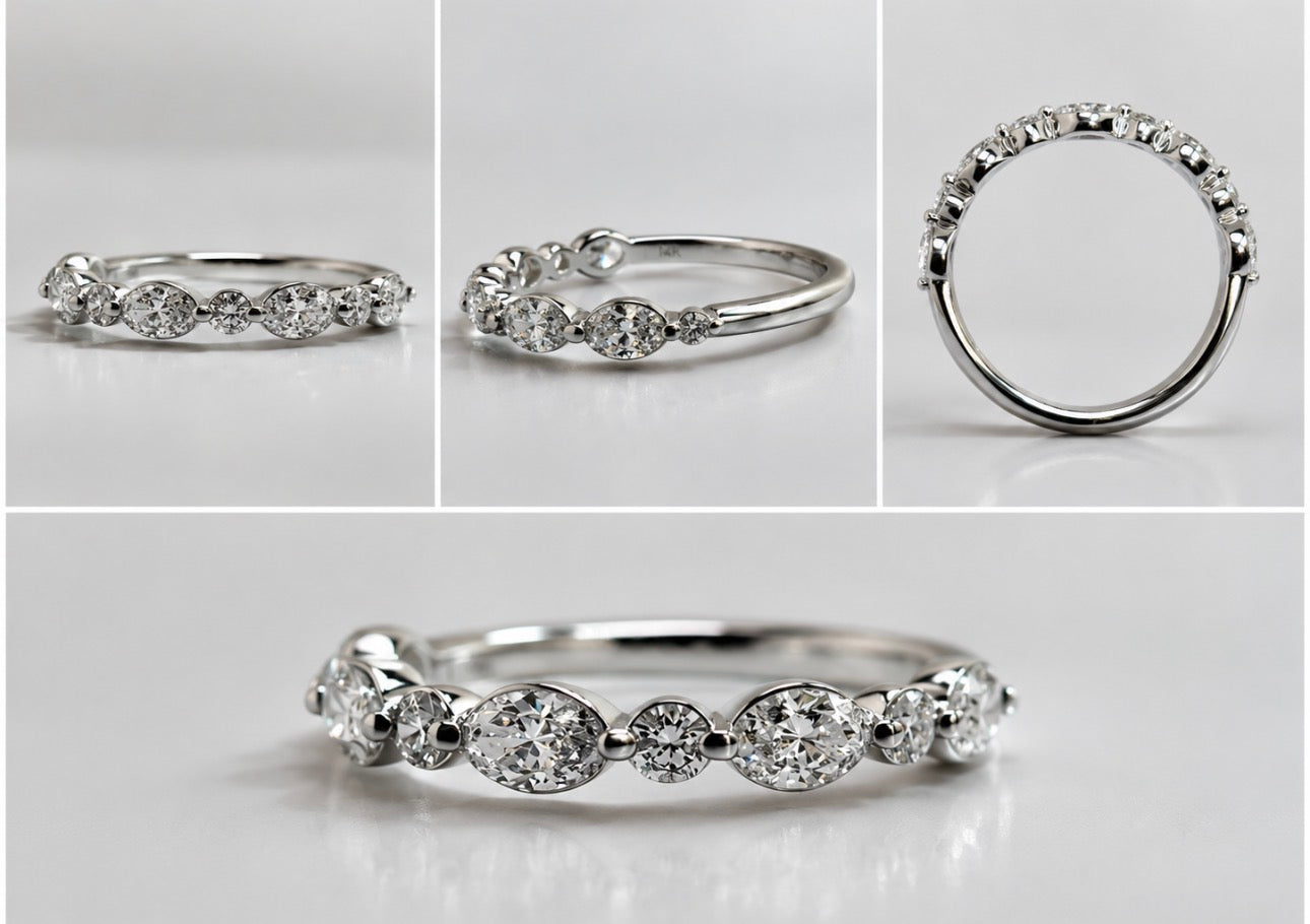 14k, White gold, .80 dtw, natural diamond, oval and round brilliant band.