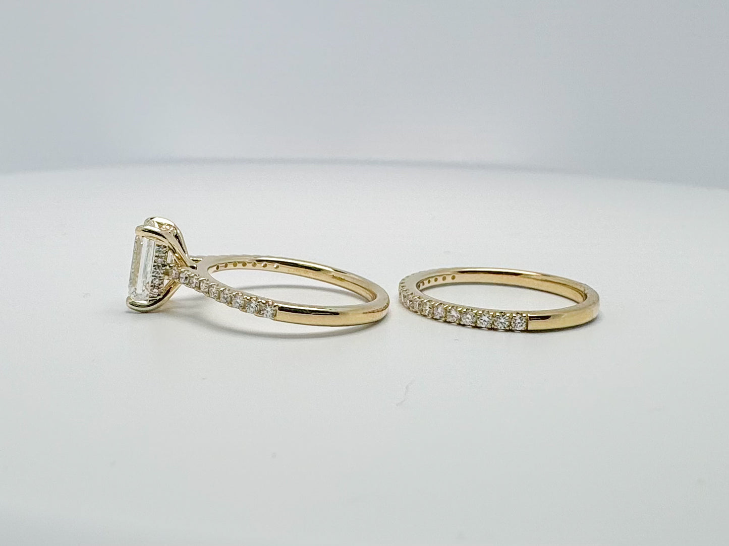 14K, yellow gold, lab grown, emerald cut wedding set.2.03 center diamond set with .52 side diamonds