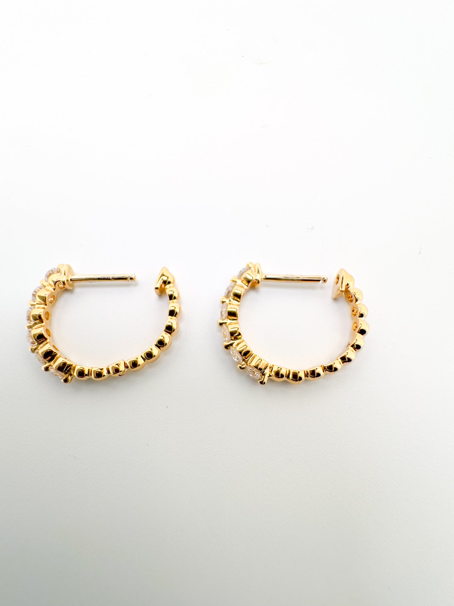 14K,Yellow gold, .38 diamnd total weight, huggie diamond hoop.