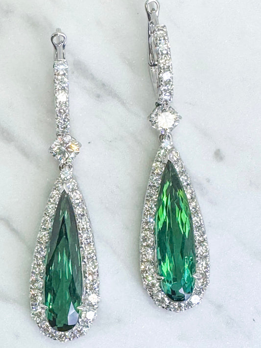 14k white gold custom, diamond and tourmaline earrings. INSANELY BEAUTIFUL