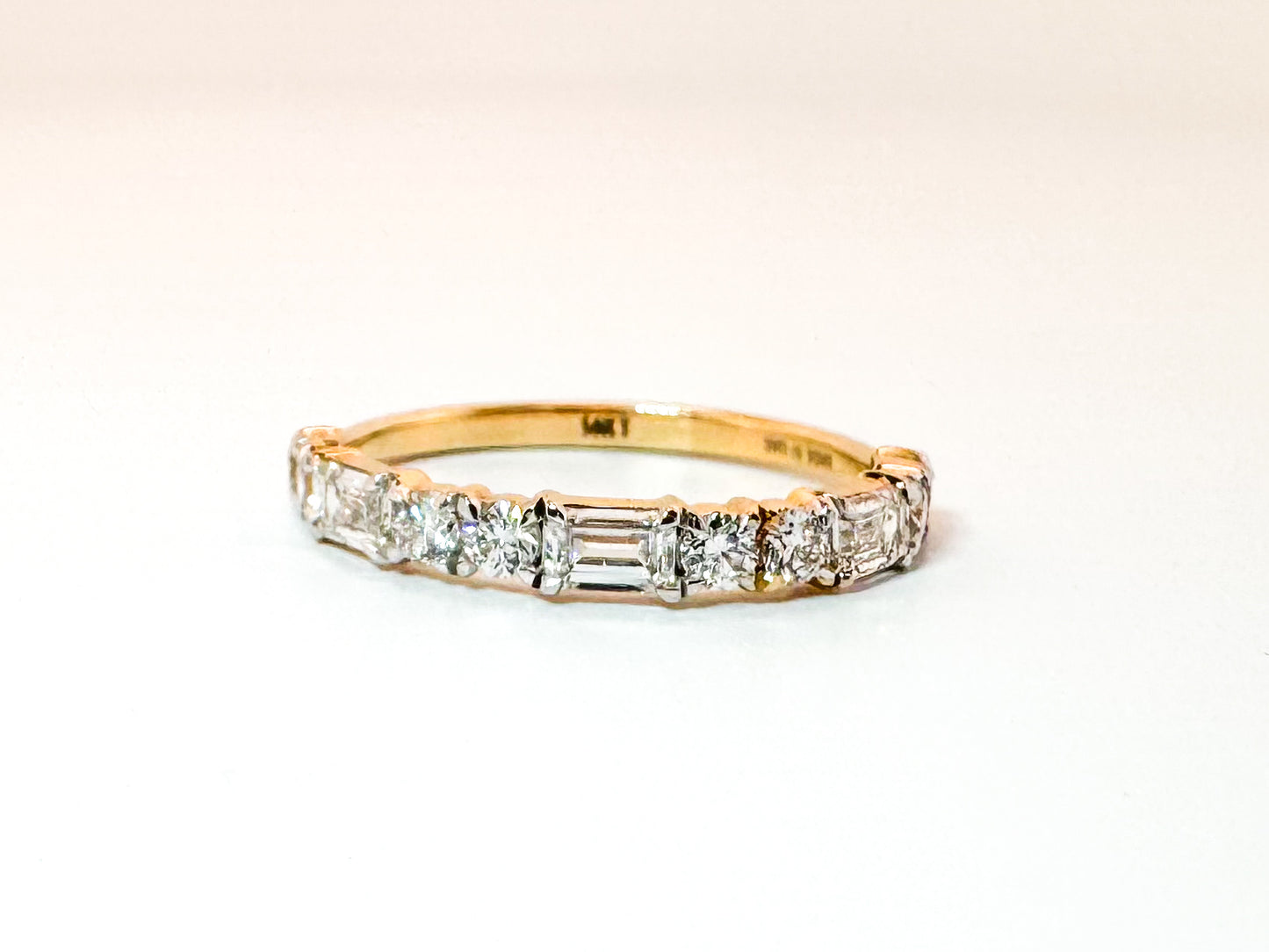 14K, yellow gold .82 diamond total weight, Emerald cut and Round brilliant lab grown diamond band
