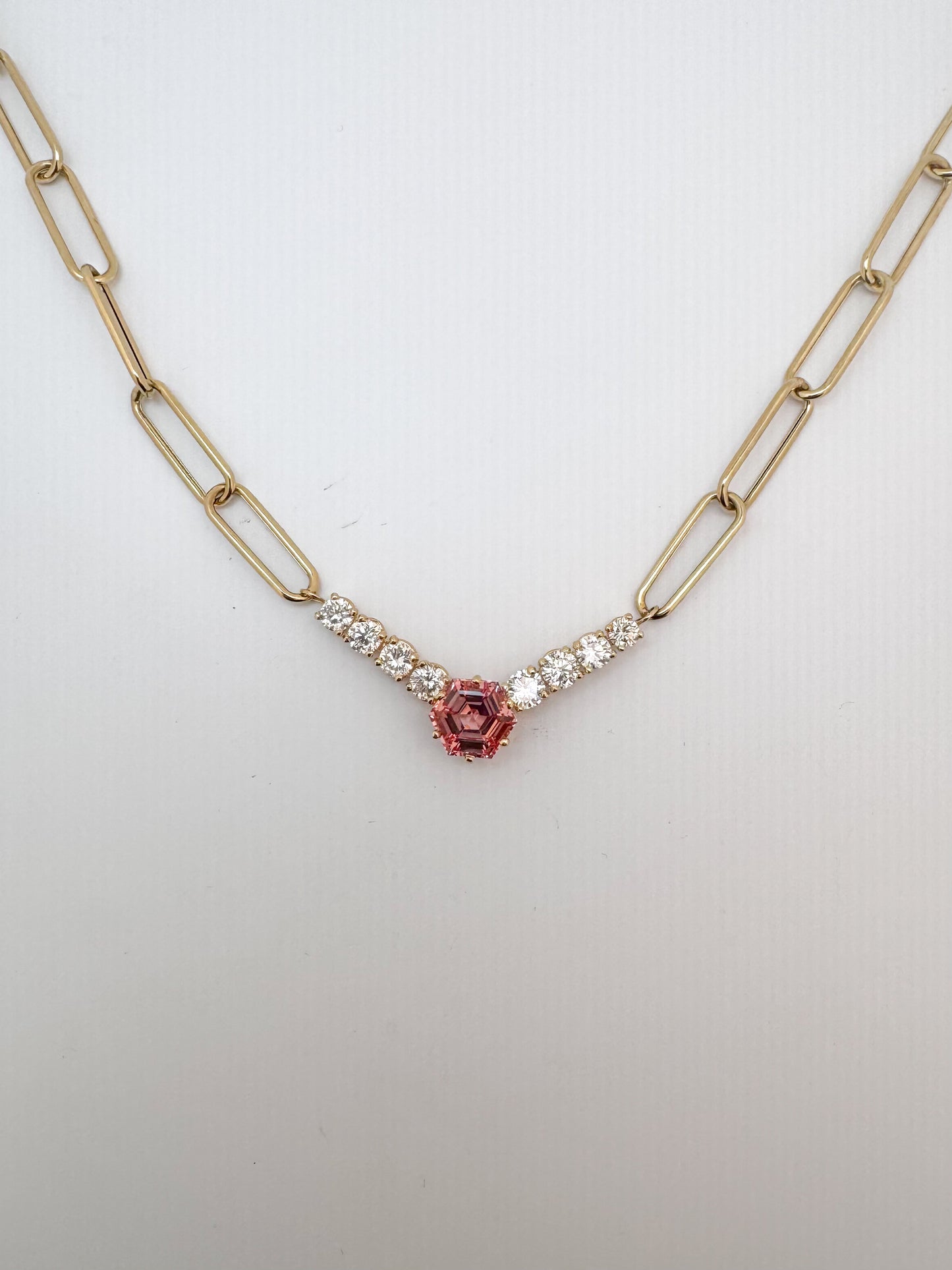Custom Lab grownpeach sapphire and Natural diamond paperclip necklace