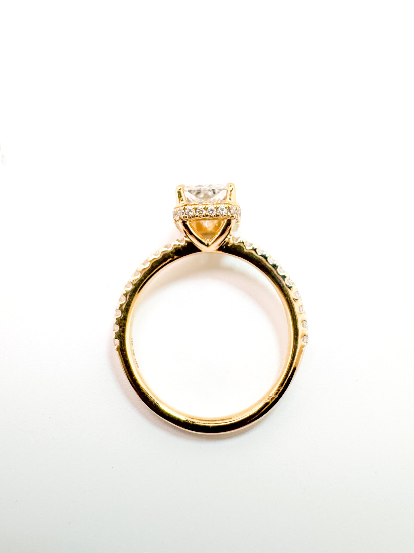 14K, yellow gold, 2.07 carat radiant cut lab grown diamond, set with .39 carats of side diamonds. IGI certified
