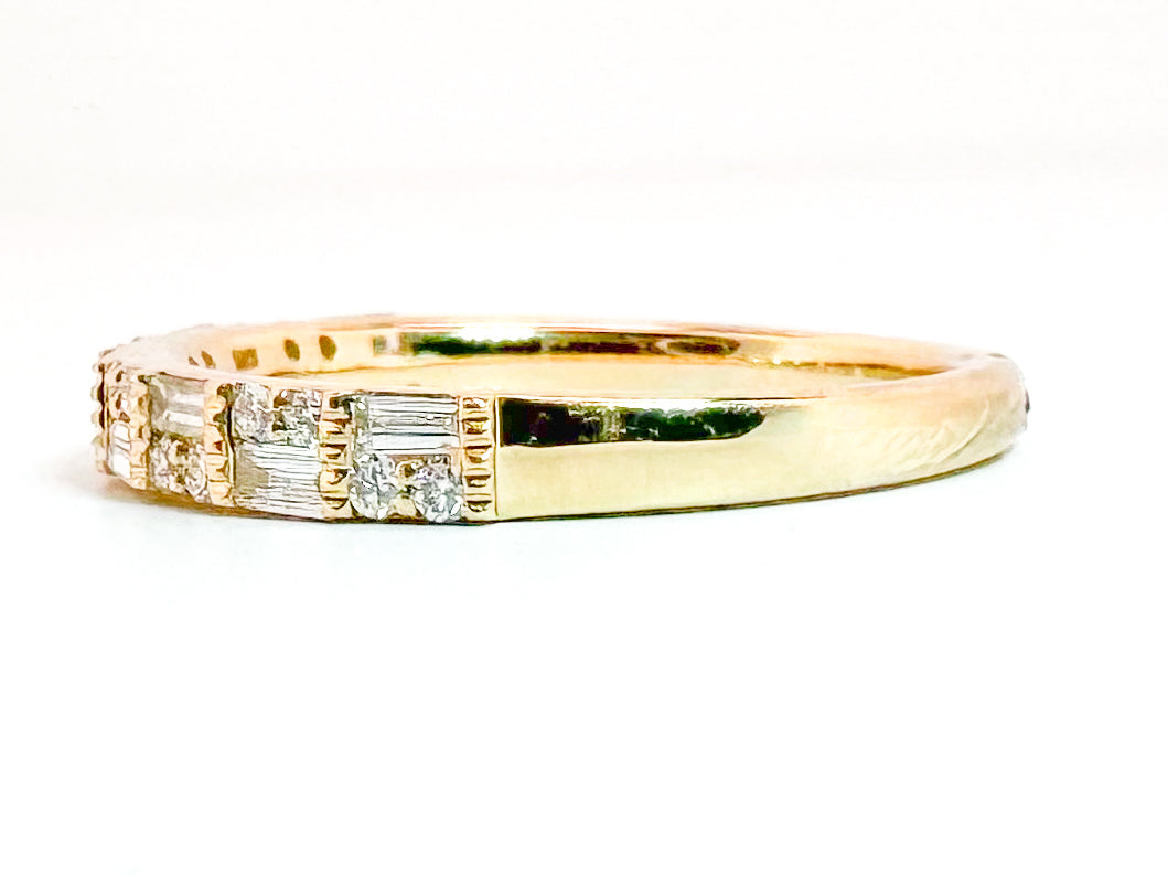 14K, Yellow gold, baguette and round brilliant natural diamond band. .43 ctw