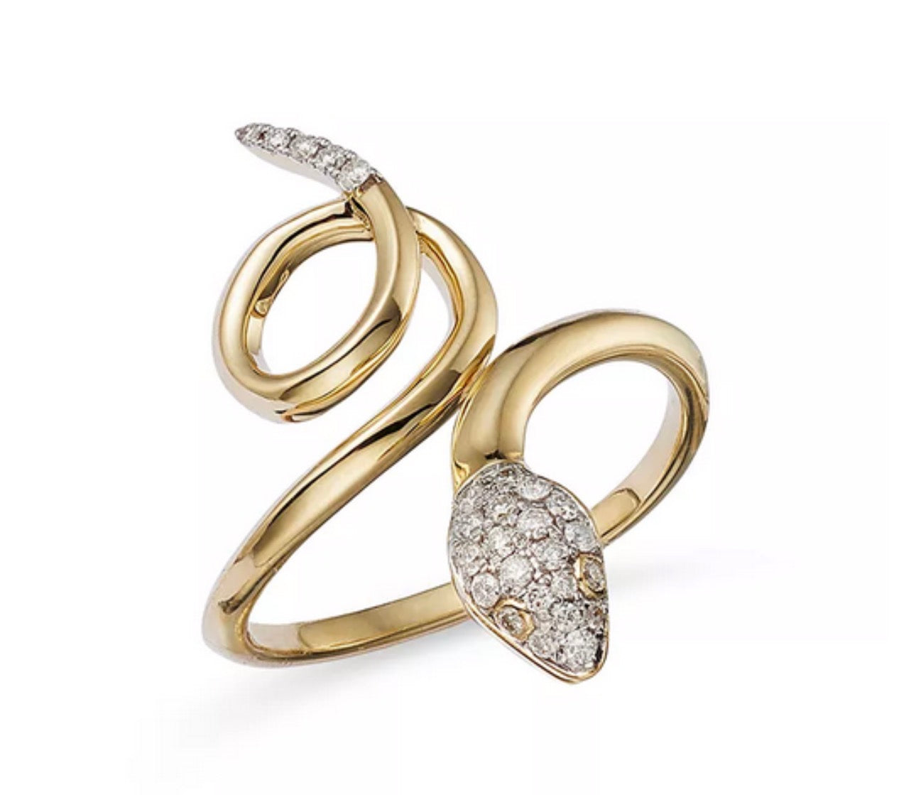 14K, yellow gold, natural diamond snake ring. .18 diamond total weignt.