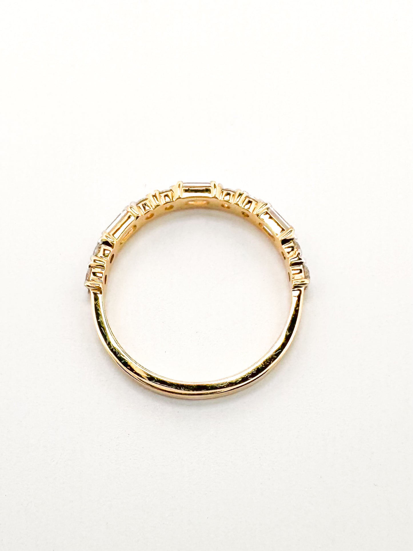 14K, yellow gold .82 diamond total weight, Emerald cut and Round brilliant lab grown diamond band